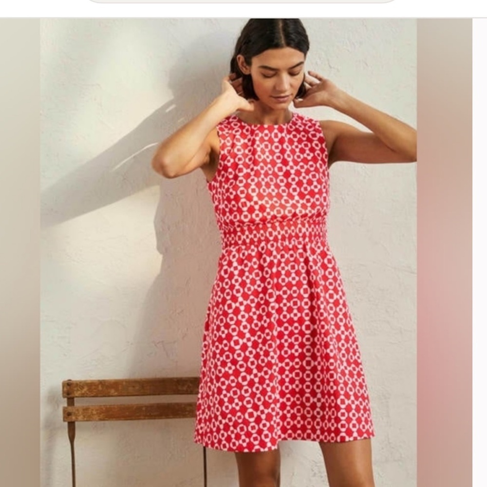 Boden Smocked Waist Mini Dress, Bright Coral, Mosaic Square 100% Cotton